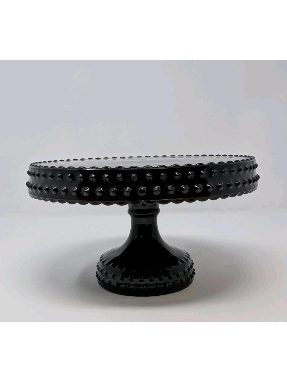 Vintage L.E. Smith Black Glass Hobnail Pedestal Cake Stand 8.5 in